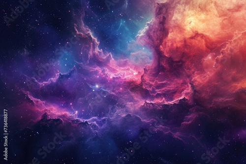 A vibrant and dynamic space scene featuring an array of vivid stars against a backdrop of swirling clouds, Beautiful color clashes forming a vibrant space nebula, AI Generated