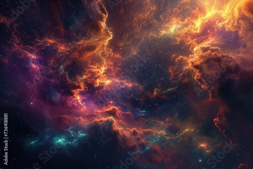 This photo shows a vibrant space filled with swirling clouds and shimmering stars, Beautiful color clashes forming a vibrant space nebula, AI Generated