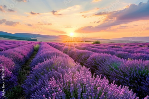 A stunning field of lavender flowers basking in the warm glow of the setting sun, Beautiful fields of blooming lavender under a radiant sunset, AI Generated