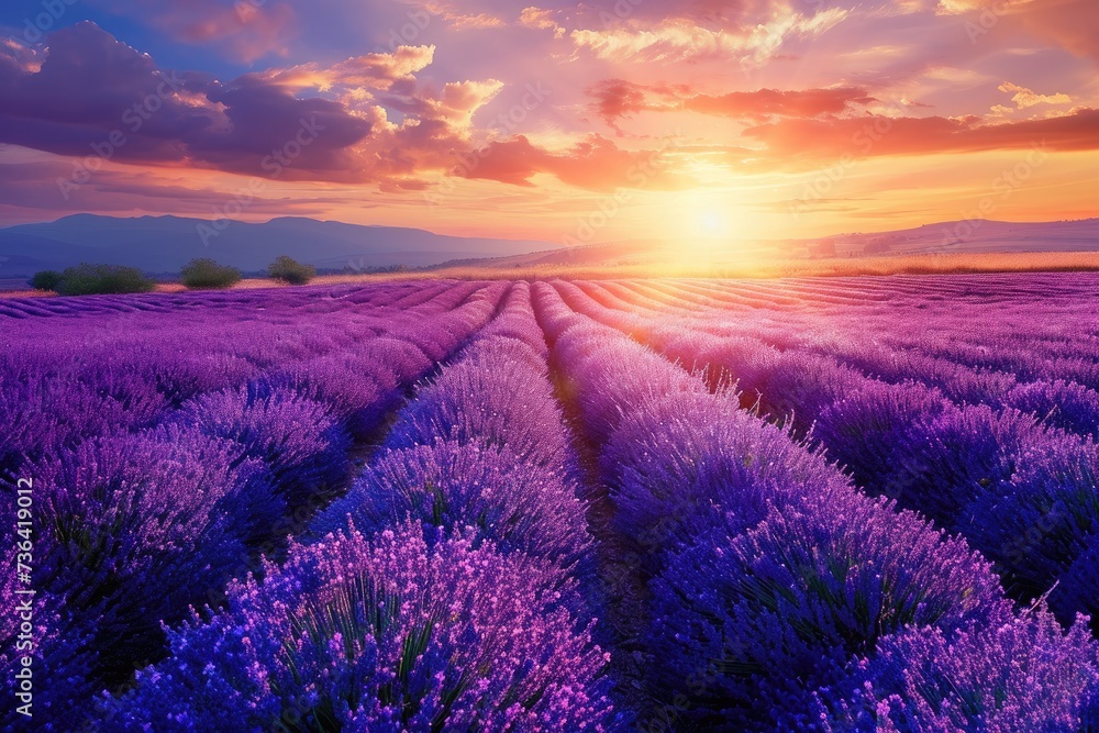 Obraz premium A photo of a vibrant lavender field with the sun setting in the background, creating a striking landscape, Beautiful fields of blooming lavender under a radiant sunset, AI Generated