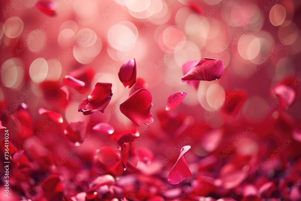Numerous red petals are gracefully suspended in midair, creating a captivating visual spectacle, Beautiful rose petals falling in a Valentine's day theme, AI Generated