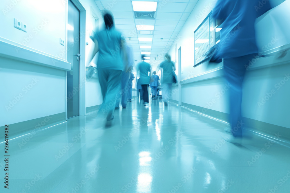 Fototapeta premium Doctors and medical staff walk down in hospital, Busy corridor in medical clinic with motion blur effect