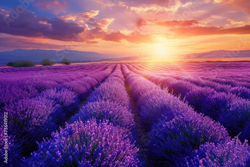 A photo of a vibrant lavender field with the sun setting in the background, creating a striking landscape, Beautiful fields of blooming lavender under a radiant sunset, AI Generated