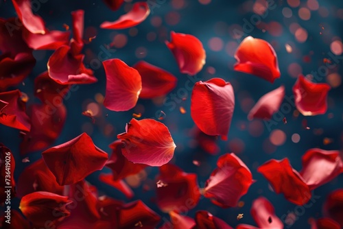 A multitude of red flowers floating effortlessly in mid-air, creating a striking and vibrant image, Beautiful rose petals falling in a Valentine's day theme, AI Generated