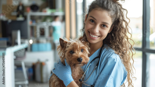 smiling female veterinarian in blue scrubs holding a small, attentive dog