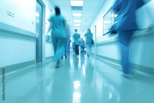 Doctors and medical staff walk down in hospital, Busy corridor in medical clinic with motion blur effect © Lazy_Bear