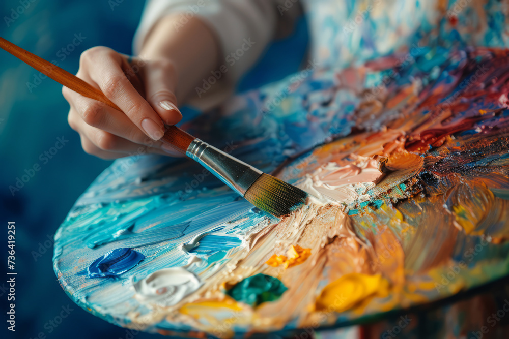 Obraz premium Paintbrush in woman hands mixing paints on palette, Artist works in creative studio