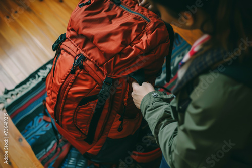 Tourist packing backpack for travelling, Preparing for summer adventures, Travel concept