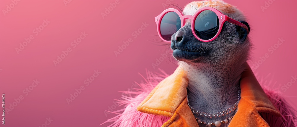 A stylish animal donning sunglasses and a vibrant pink coat, ready to conquer the great outdoors with its wild fashion sense