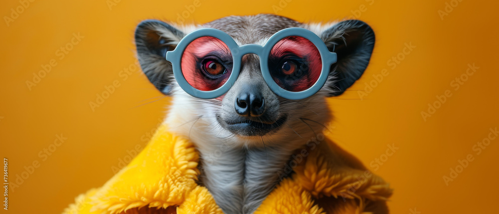 A playful lemur sporting trendy yellow sunglasses, its soft fur glistening in the sun, exuding cool confidence and carefree charm