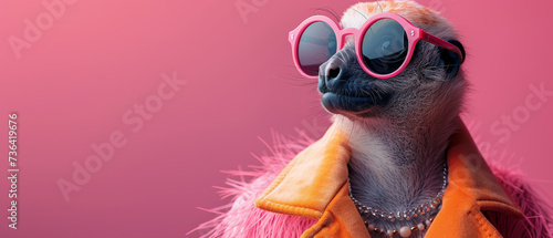 A stylish animal donning sunglasses and a vibrant pink coat, ready to conquer the great outdoors with its wild fashion sense