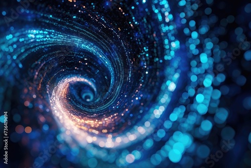 A mesmerizing spiral formed by blue and white lights against a dark black background, Binary code forming a galaxy spiral, AI Generated