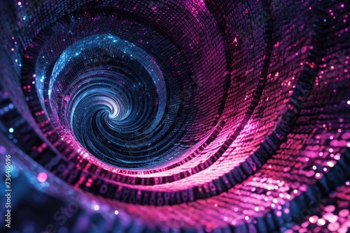 This photo shows a detailed view of a spiral pattern in shades of purple and blue, Binary code forming a galaxy spiral, AI Generated