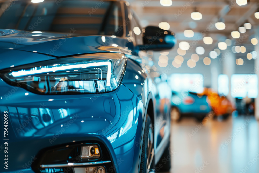 Obraz premium Cropped image of new car in dealers showroom. Detail of luxury car for lease in rent office. Car sales business