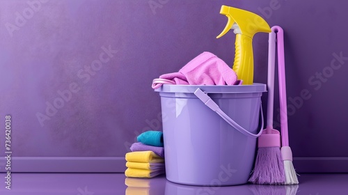 Home cleaning essentials ready for tidy up. purple bucket with mop and detergents. household chores concept with copy space. AI photo