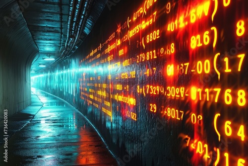 A tunnel covered in a multitude of numbers stretching endlessly, creating a unique and visually striking pattern, Binary code in glowing neon graffiti style, AI Generated photo