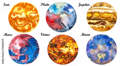 Planets of the Solar System watercolour poster set. Set of watercolor planets on an isolated white background, space, illustration, hand drawing, saturn, pluto, earth, uranium. Galaxy planet clip art. photo