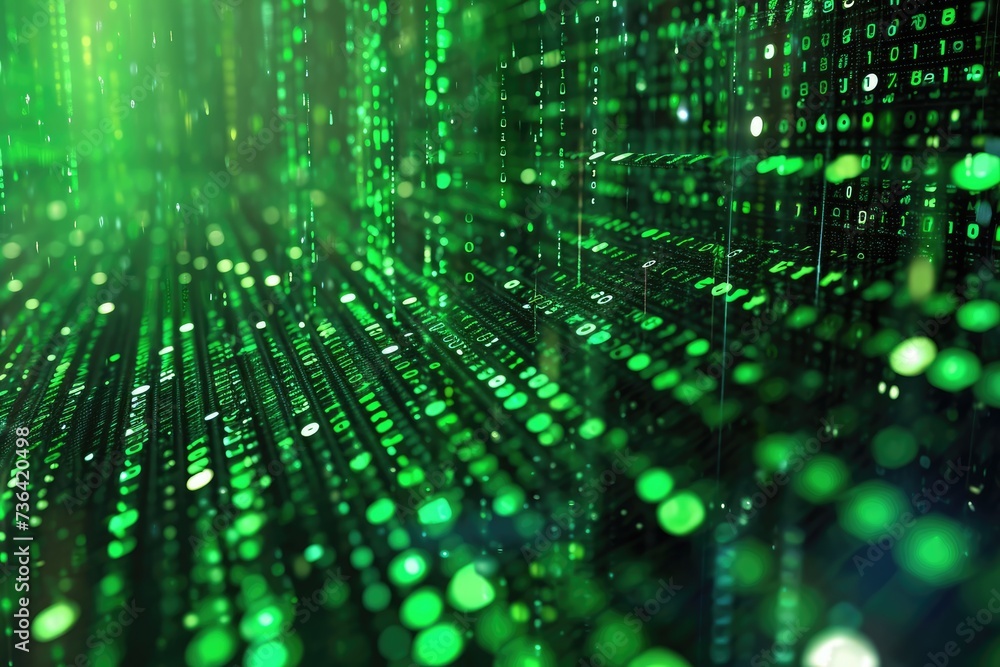 This photo captures a vivid green and black background filled with an abundance of dots, Binary code with different shades of green, AI Generated This photo captures a vivid green and black background filled with an abundance of dots, Binary code with different shades of green, AI Generated