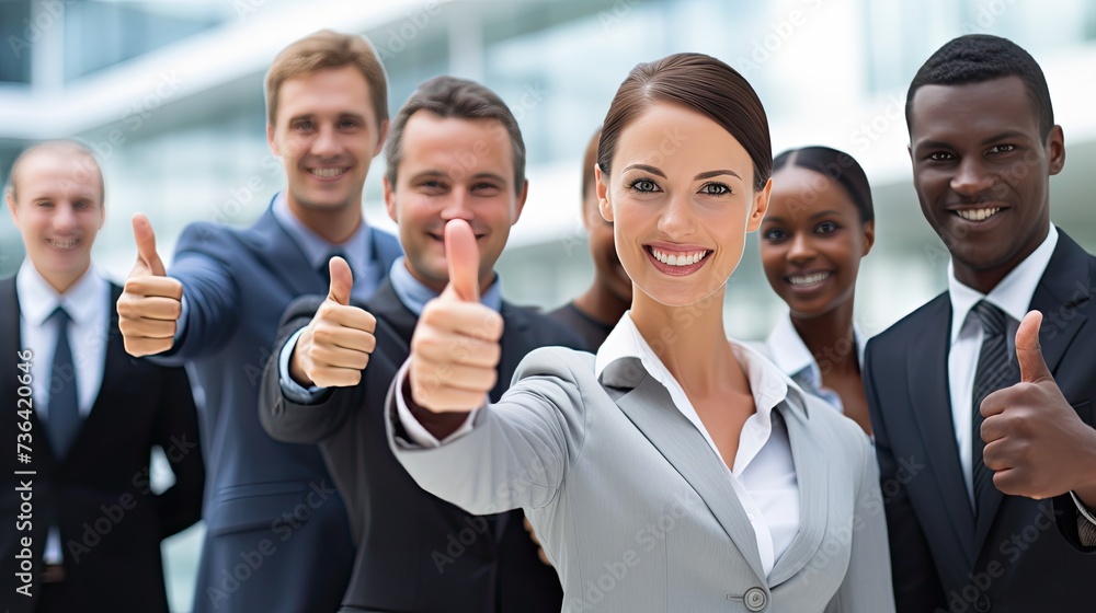 A team of male and female business professionals giving thumbs up in an environment of success, or teamwork in a corporate, good business. Good result, win, and success working 