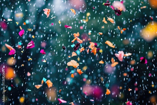 A colorful assortment of various objects suspended in mid-air, creating an eye-catching display, Biodegradable confetti disintegrating in the rain, AI Generated