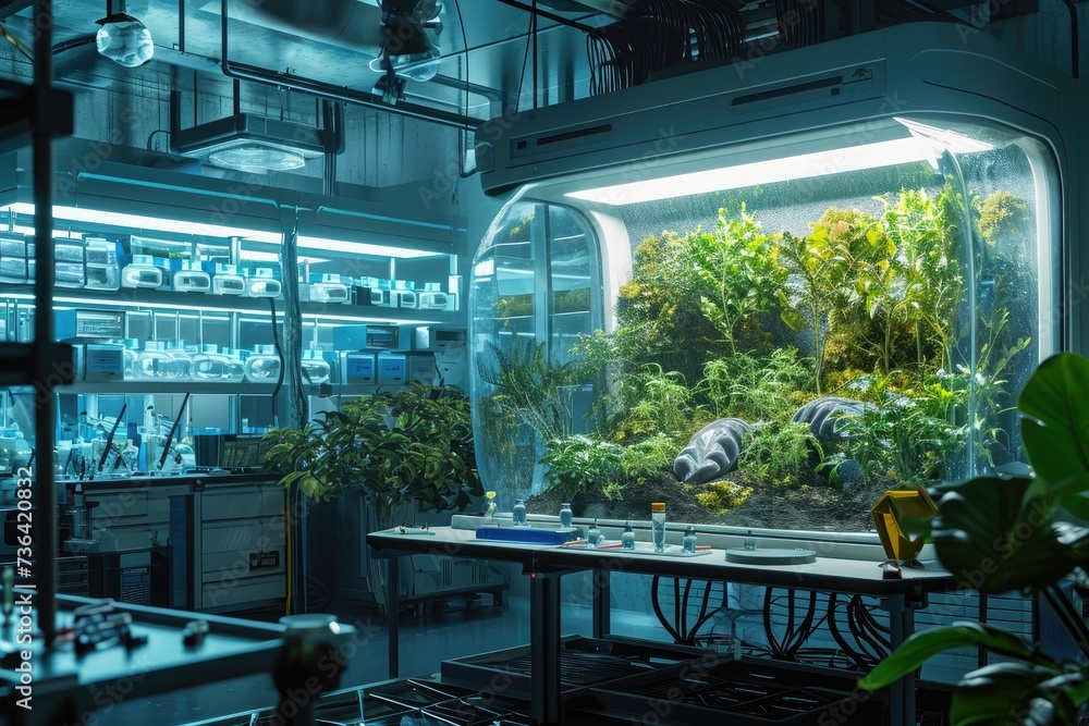 Naklejka premium This photo showcases a large aquarium filled with an abundance of thriving plants, creating a vibrant and dynamic underwater ecosystem, Bioengineered organism in a futuristic lab, AI Generated