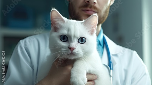 take cat to the veterinarian. bring cat for vaccination. A veterinarian cradles a white domestic cat, symbolizing professional pet care 