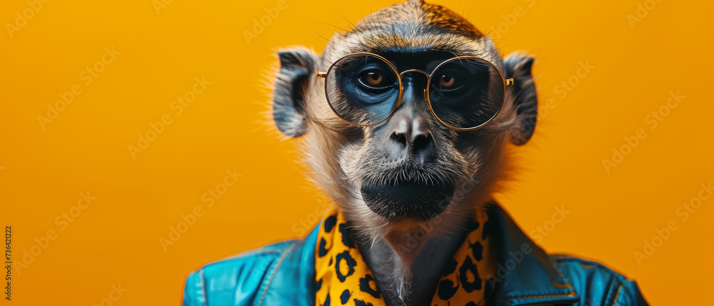 An intellectual primate struts through the jungle, donning a pair of glasses and a stylish blue jacket, showcasing the surprising sophistication of wildlife - obrazy, fototapety, plakaty 