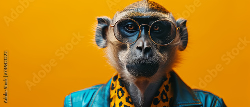 Foto An intellectual primate struts through the jungle, donning a pair of glasses and