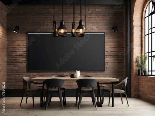 Front view blank black menu frame on a brick wall with lamp in loft cafe interior design, mockup 3d rendering design. photo