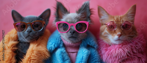 Fierce felines flaunt fashionable eyewear, purring with pride in their pink sunglasses photo
