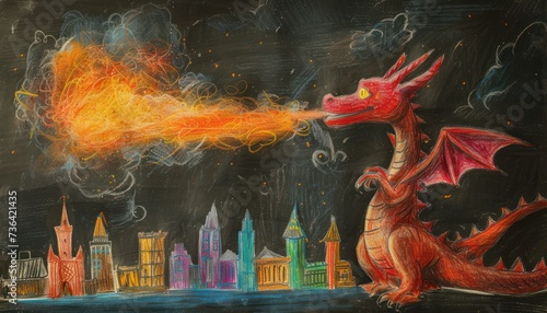 dragon spouted fire burning city, children's drawing on chalkboard
