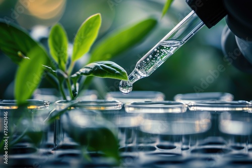 A vibrant green plant is steadily growing inside a transparent test tube that is filled with water, Biotech designed to fight climate change, AI Generated