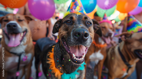 A festive pup donning a colorful party hat and garland, surrounded by balloons, celebrates in style as the life of the paw-ty . Festival .