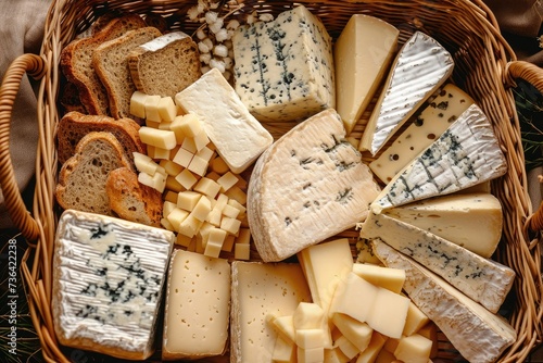 A basket filled with a variety of different types of cheese, including cheddar, brie, gouda, and blue cheese, Bird's eye view of a luxury hamper with assorted gourmet cheese, AI Generated photo