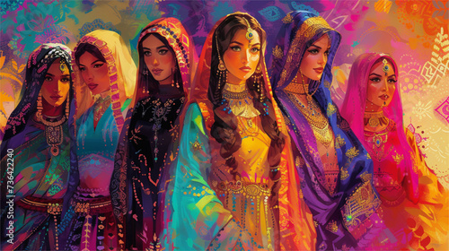 Digital painting of ethnic women in traditional attire photo