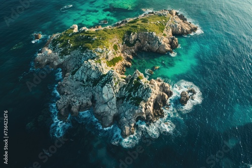This photo captures an expansive aerial view of a lush tropical island surrounded by the vast expanse of the ocean, Bird's eye visual of the emerald sea around a rocky island, AI Generated