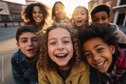 Diverse group of small children taking selfie outside