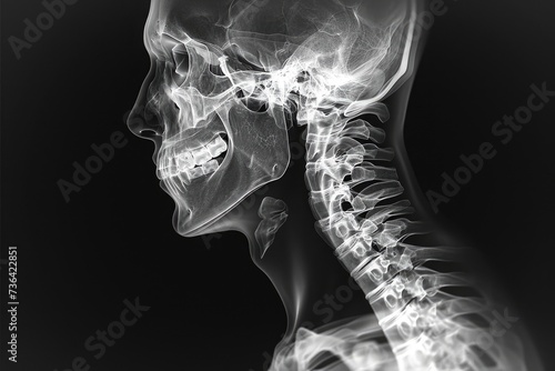 This x-ray image provides a detailed view of the anatomy of a human head and neck, revealing key structures and bone density, Black and white 3D X-ray film of the human neck region, AI Generated