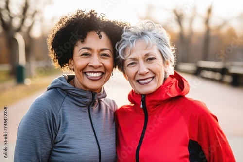 Portrait of a two diverse active senior women outdoors