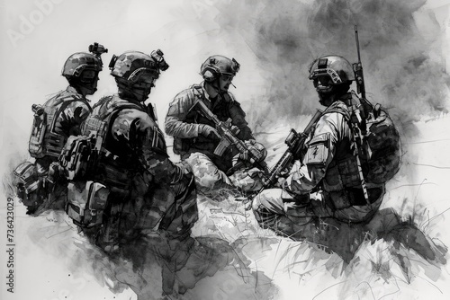 Group of Soldiers Standing in Formation With Rifles at Military Base, Black and white illustration of a group of Special Forces soldiers planning their mission, AI Generated photo