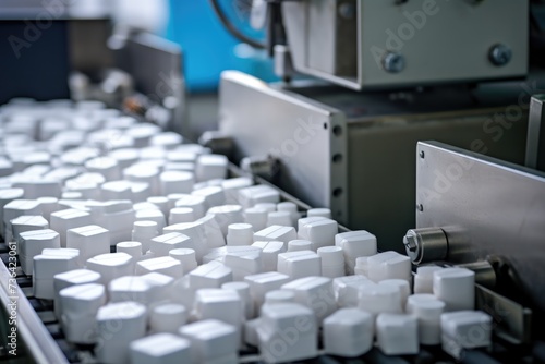 Close up of tablets in packing machine in pharmacy