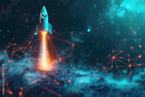 A powerful rocket launches into the air, illuminating the darkness with its bright lights as it ascends, Blockchain fueled rocket representing advancement in technology, AI Generated