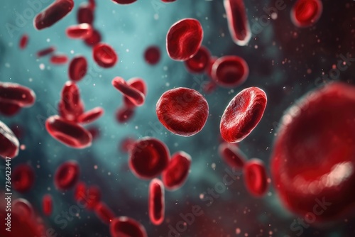 This photo depicts a close-up view of red blood cells moving steadily within a blood vessel, Blood cells shown in a beautiful, flowing movement, AI Generated