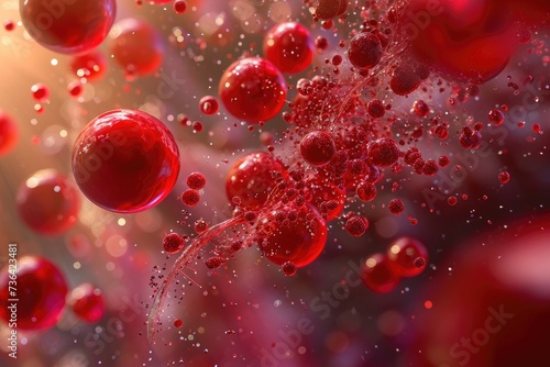 A collection of numerous red bubbles seamlessly floating in mid-air, creating an eye-catching visual display, Blood cells shown in a beautiful, flowing movement, AI Generated