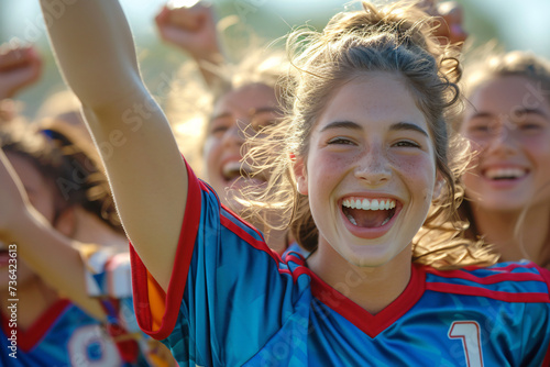 Young female soccer players exuberantly rejoicing after their team's triumph on the soccer field