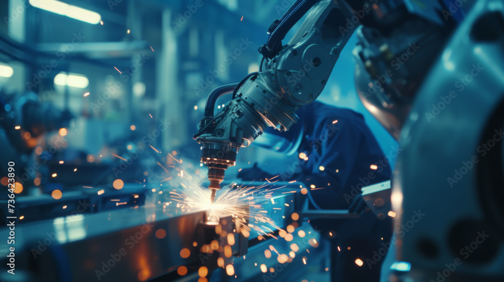 industrial robot arm performing a task while a person in business attire is using a tablet industrial robot arm performing a task while a person in business attire is using a tablet