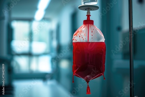 A photograph showing a red and white cloth suspended from a metal hook, Blood transfusion bag hanging from a metal stand, AI Generated