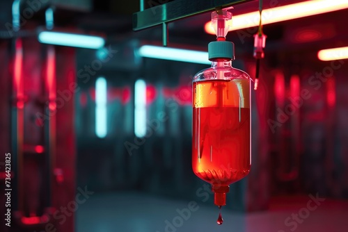 A clear glass bottle filled with blue liquid is suspended from a metal hook, Blood transfusion bag hanging from a metal stand, AI Generated