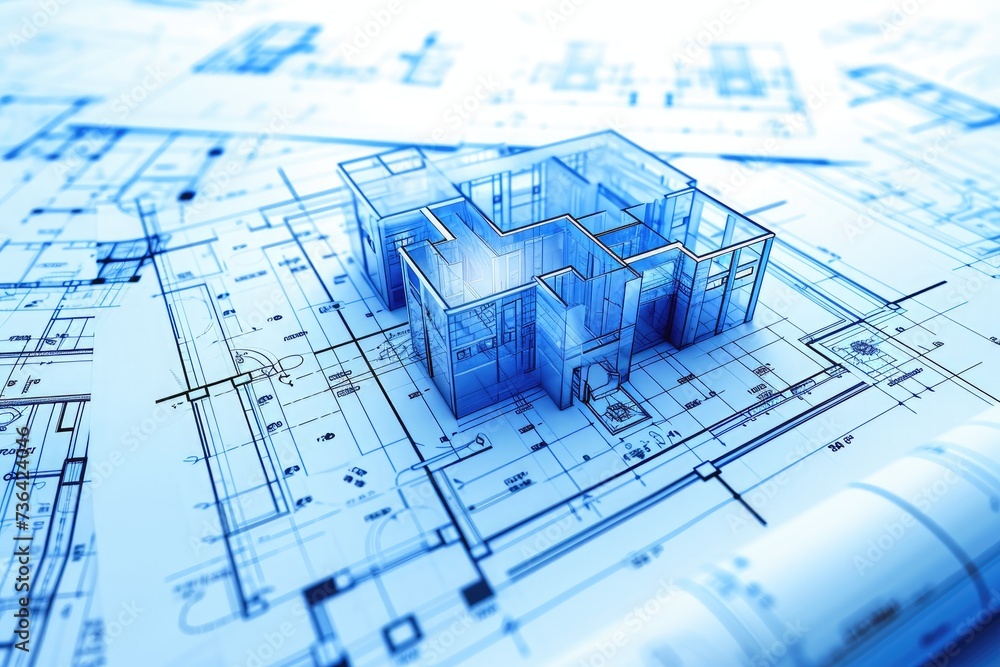 A photograph showcasing a detailed blueprint of a two-story house ...