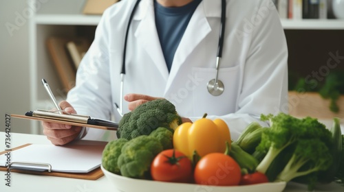 A nutritionist in a medical uniform advises a patient about a healthy lifestyle and healthy food. close up Nutritionist or Dietitian consultation.
